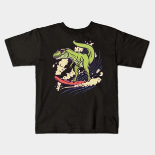 dinosaur surfing cool funny cartoon Kids T-Shirt